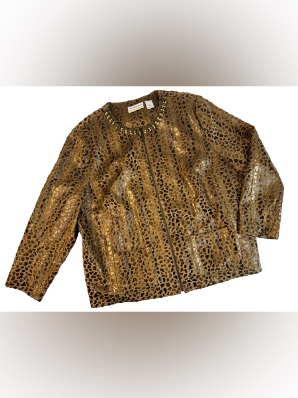 Embellished Animal-Print Zip Jacket in Camel Brown